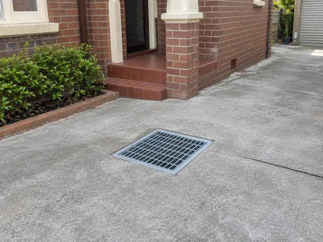 Dry outdoor drain grate set in a concrete driveway beside a brick house in Granville