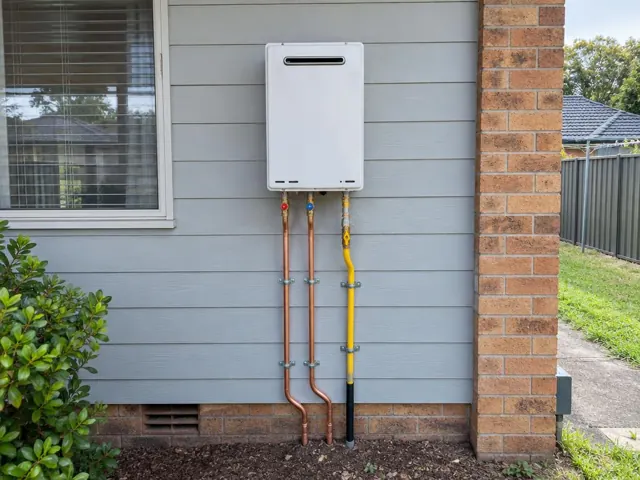 Wall-mounted hot water unit with copper and yellow pipework on a weatherboard exterior wall in Greystanes
